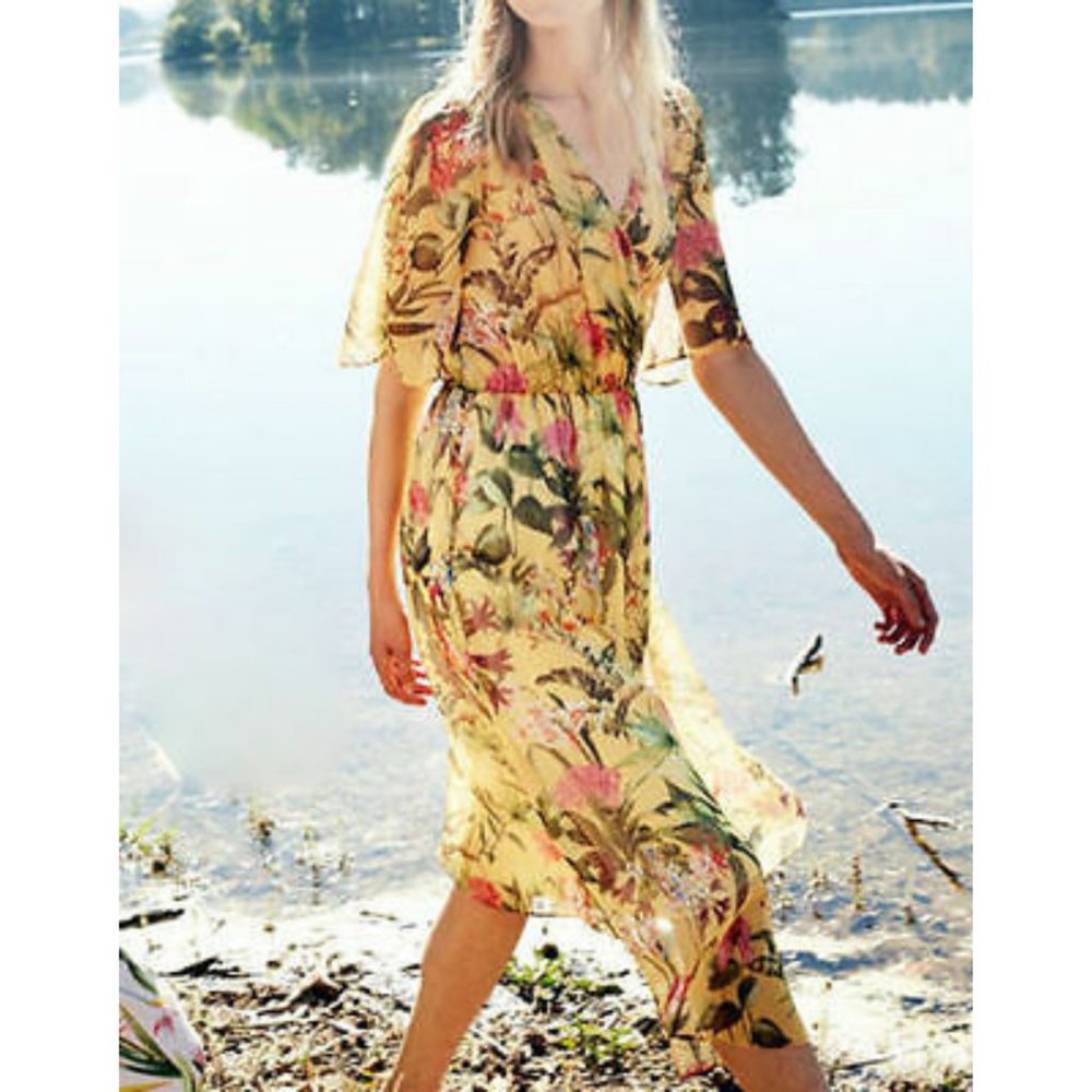 Zara Floral Yellow Chiffon Midi Dress
